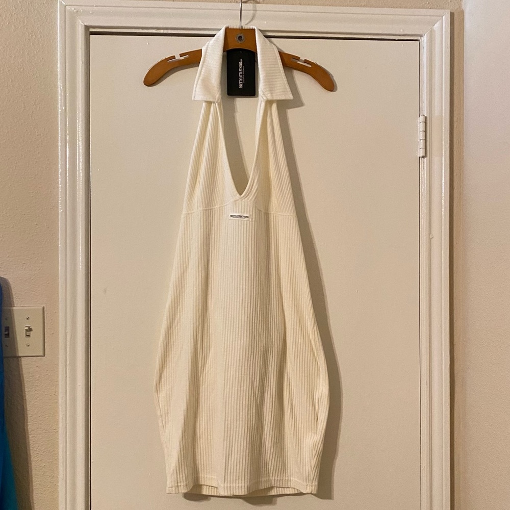 PRETTYLITTLETHING Plus Cream Collared Halterneck Thick Rib Bodycon Dress size 16 - Picture 2 of 5